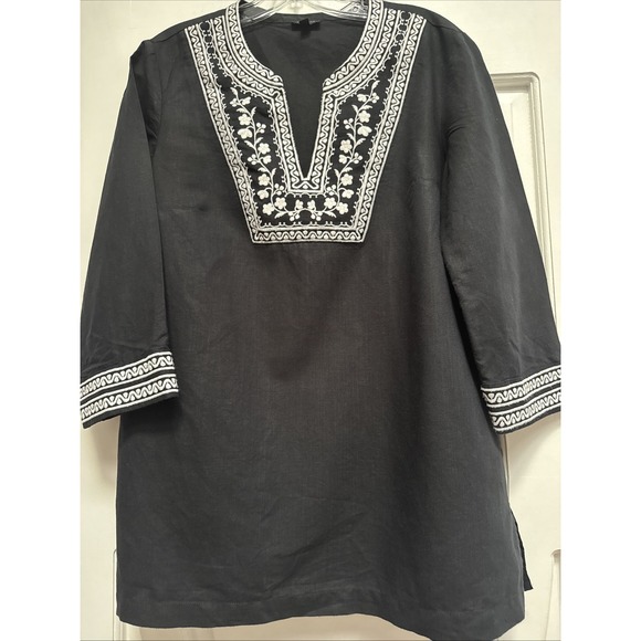 Talbots Black Size M Embroidered Linen Cotton Blend Tunic V Neck - Picture 1 of 6